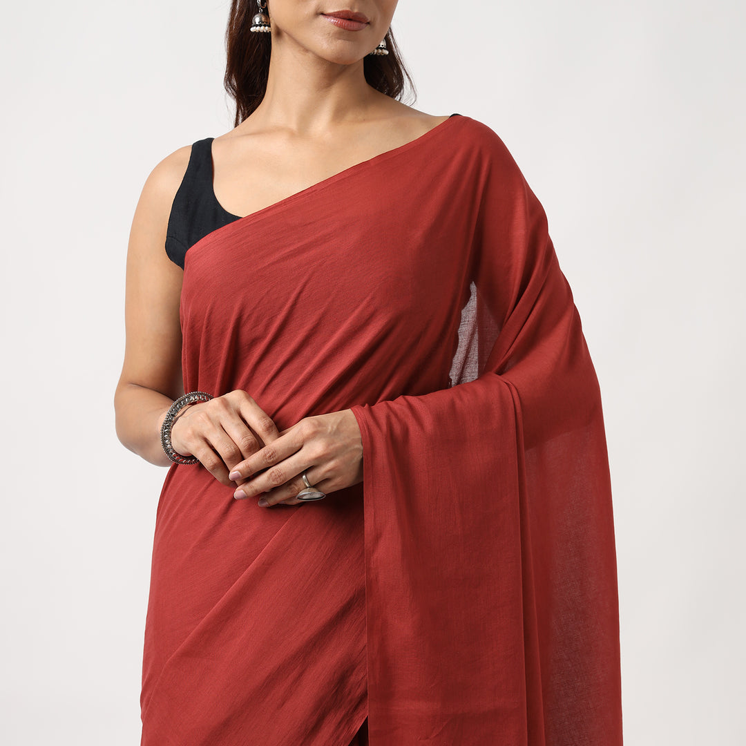 Midnight Rose - Dark Red Mulmul Cotton Saree with Tassels