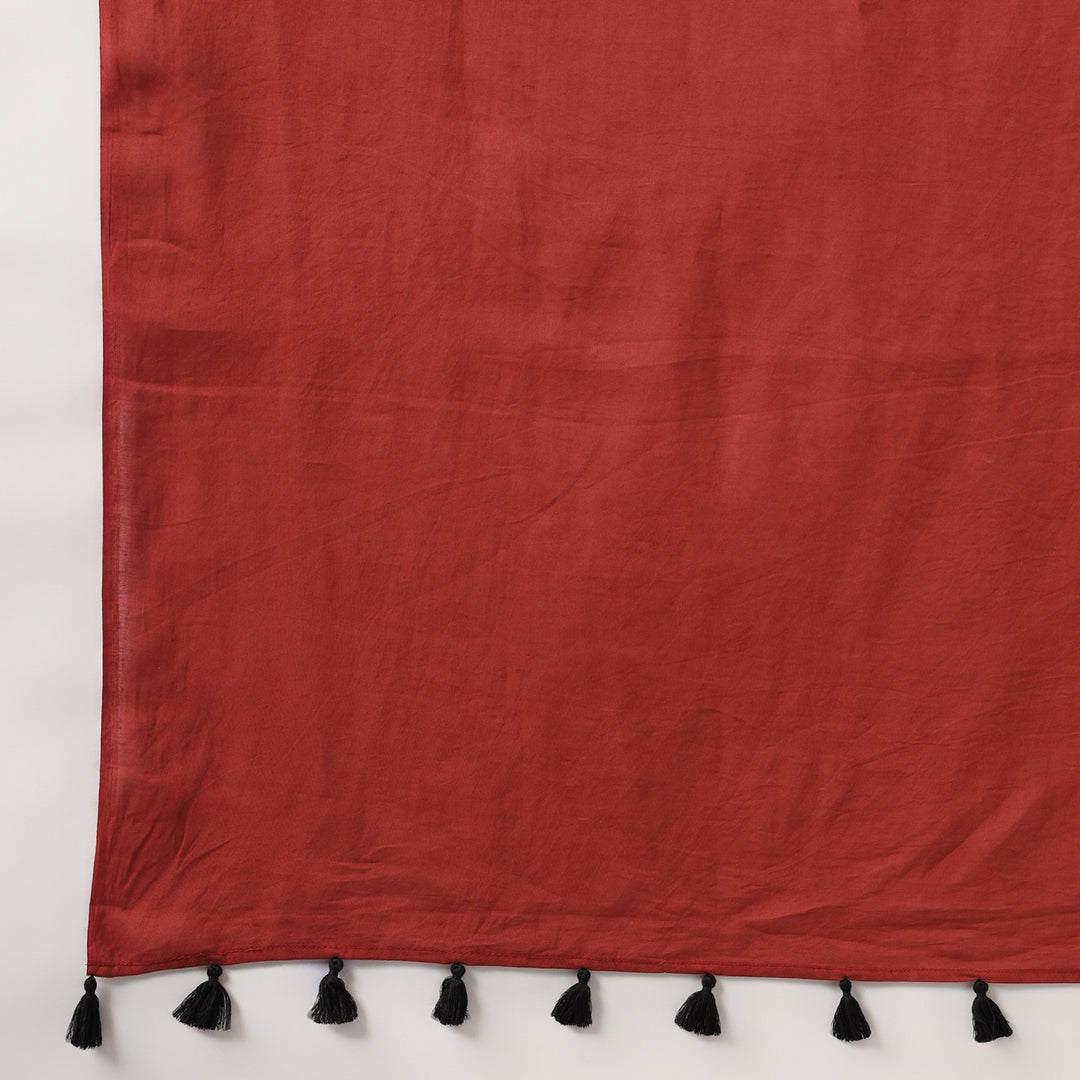 Midnight Rose - Dark Red Mulmul Cotton Saree with Tassels