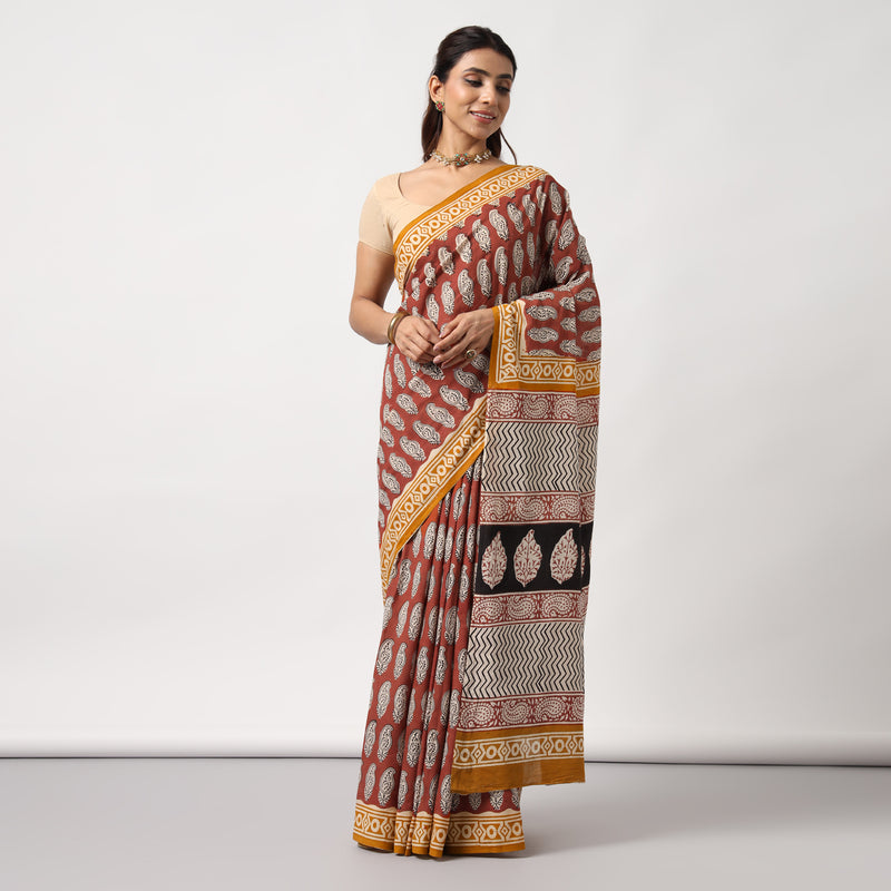 Princess in Red - Dabu Hand Block Print Mulmul Cotton Pre-stitched Ready to Wear Saree with Pocket