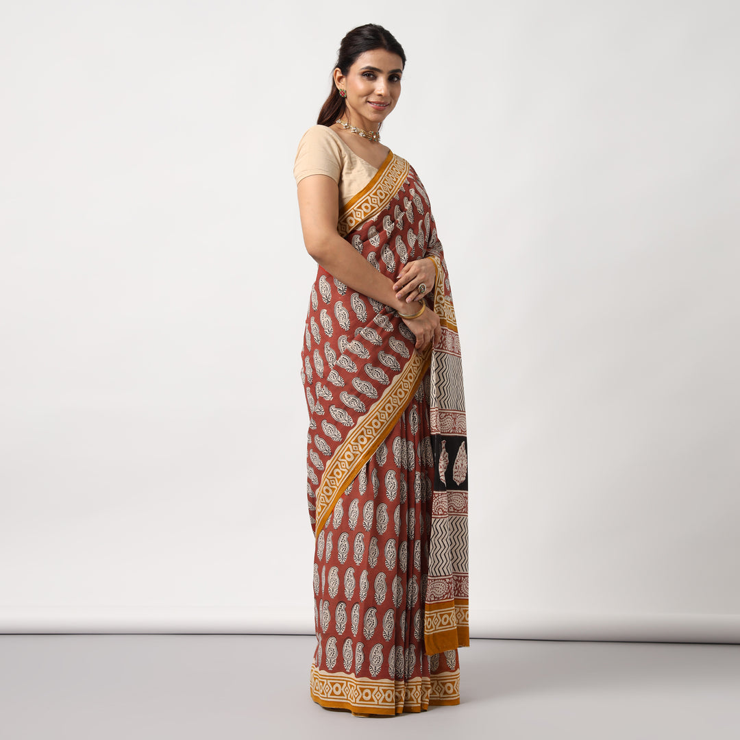 Princess in Red - Dabu Hand Block Print Mulmul Cotton Bagru Saree