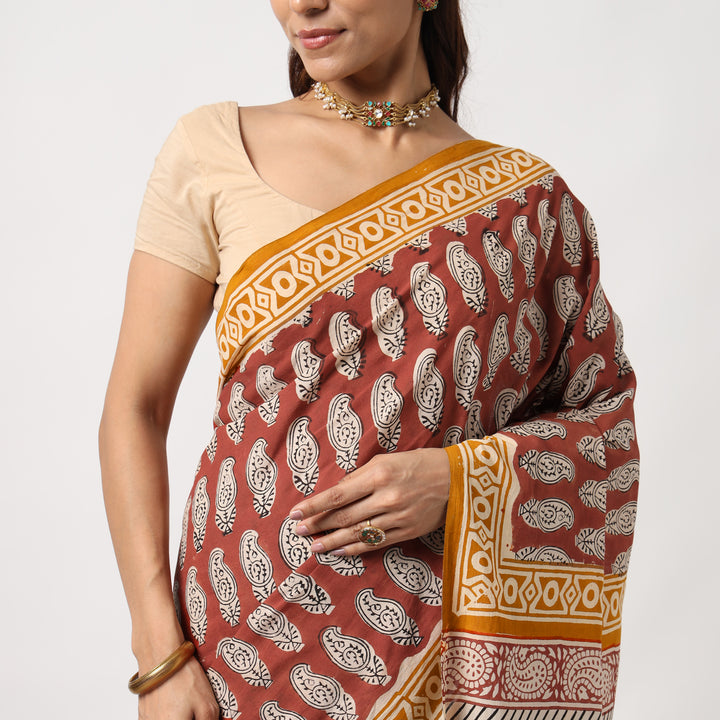 Princess in Red - Dabu Hand Block Print Mulmul Cotton Bagru Saree