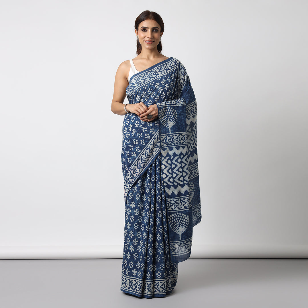 Indigo Bloom - Dabu Hand Block Print Mulmul Cotton Bagru Saree