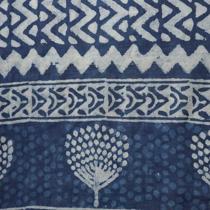 Indigo Bloom - Dabu Hand Block Print Mulmul Cotton Bagru Saree