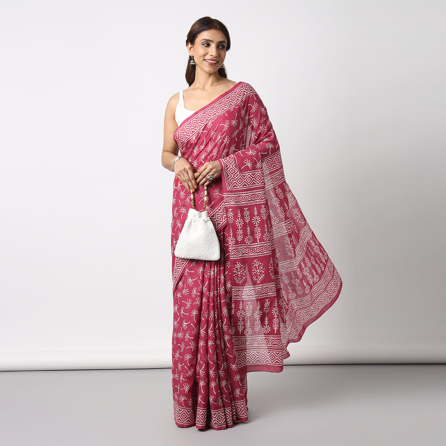 Dandelions in the Sky - Pink Hand Block Print Mulmul Cotton Bagru Saree