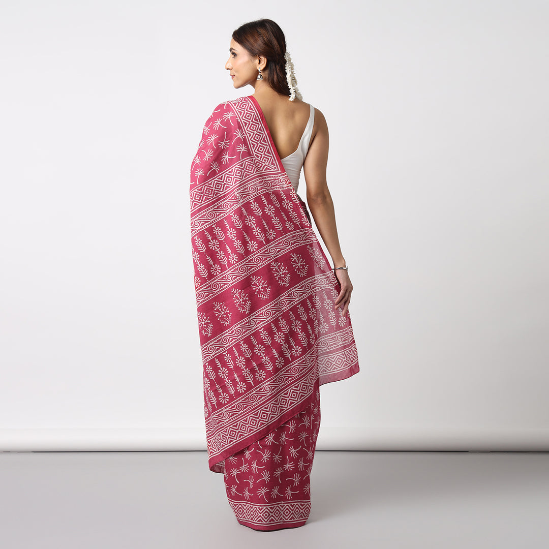 Dandelions in the Sky - Pink Hand Block Print Mulmul Cotton Bagru Saree