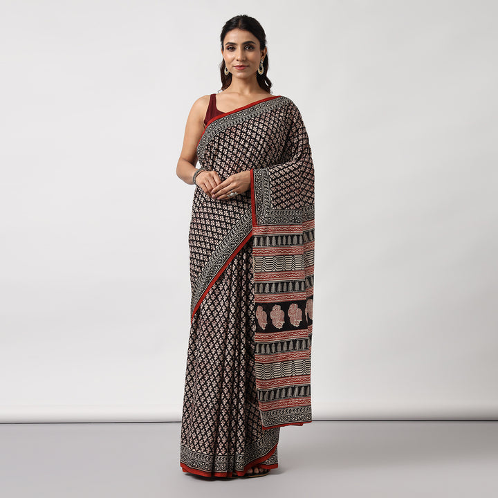 Floral Forage - Hand Block Print Mulmul Cotton Bagru Saree