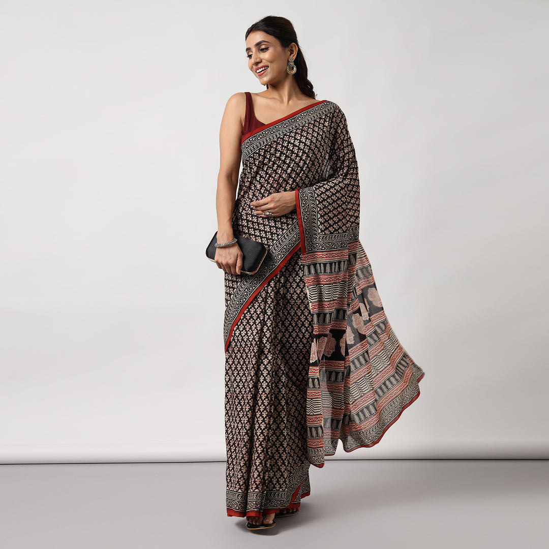 Floral Forage - Hand Block Print Mulmul Cotton Bagru Saree