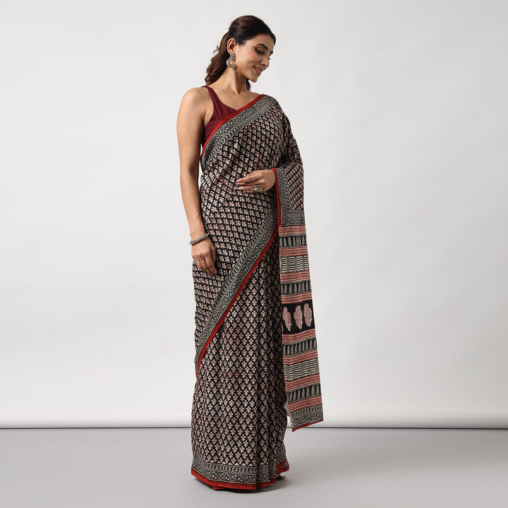 Floral Forage - Hand Block Print Mulmul Cotton Bagru Saree