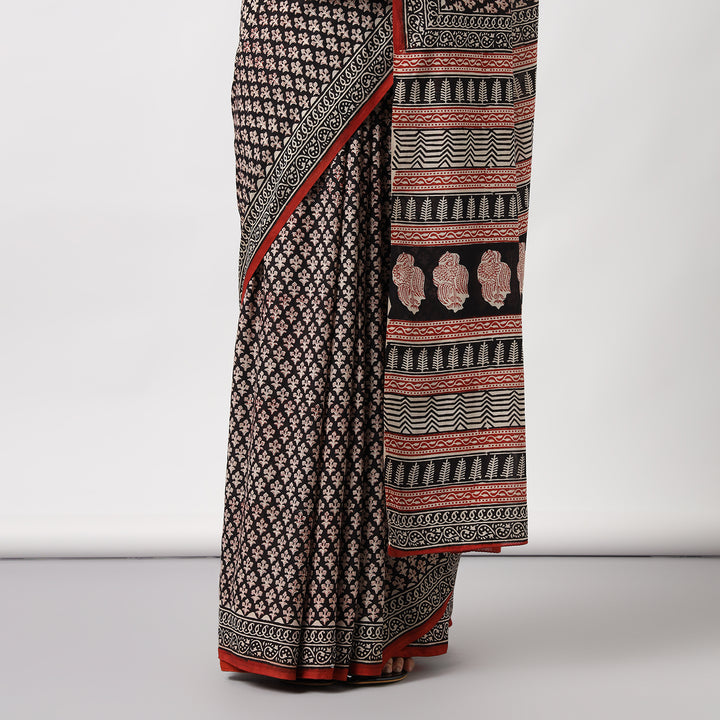 Floral Forage - Hand Block Print Mulmul Cotton Bagru Saree