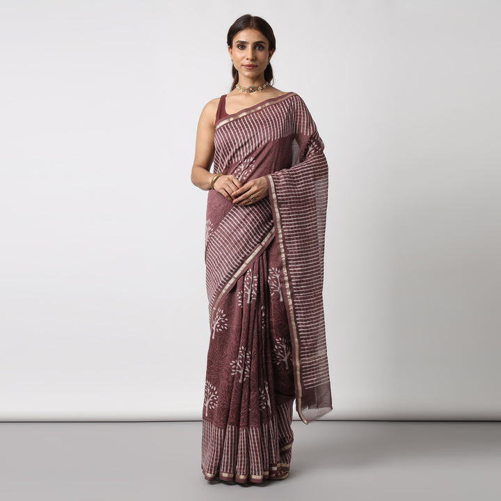 Revathy - Rose Taupe Hand Block Print Chanderi Silk Saree