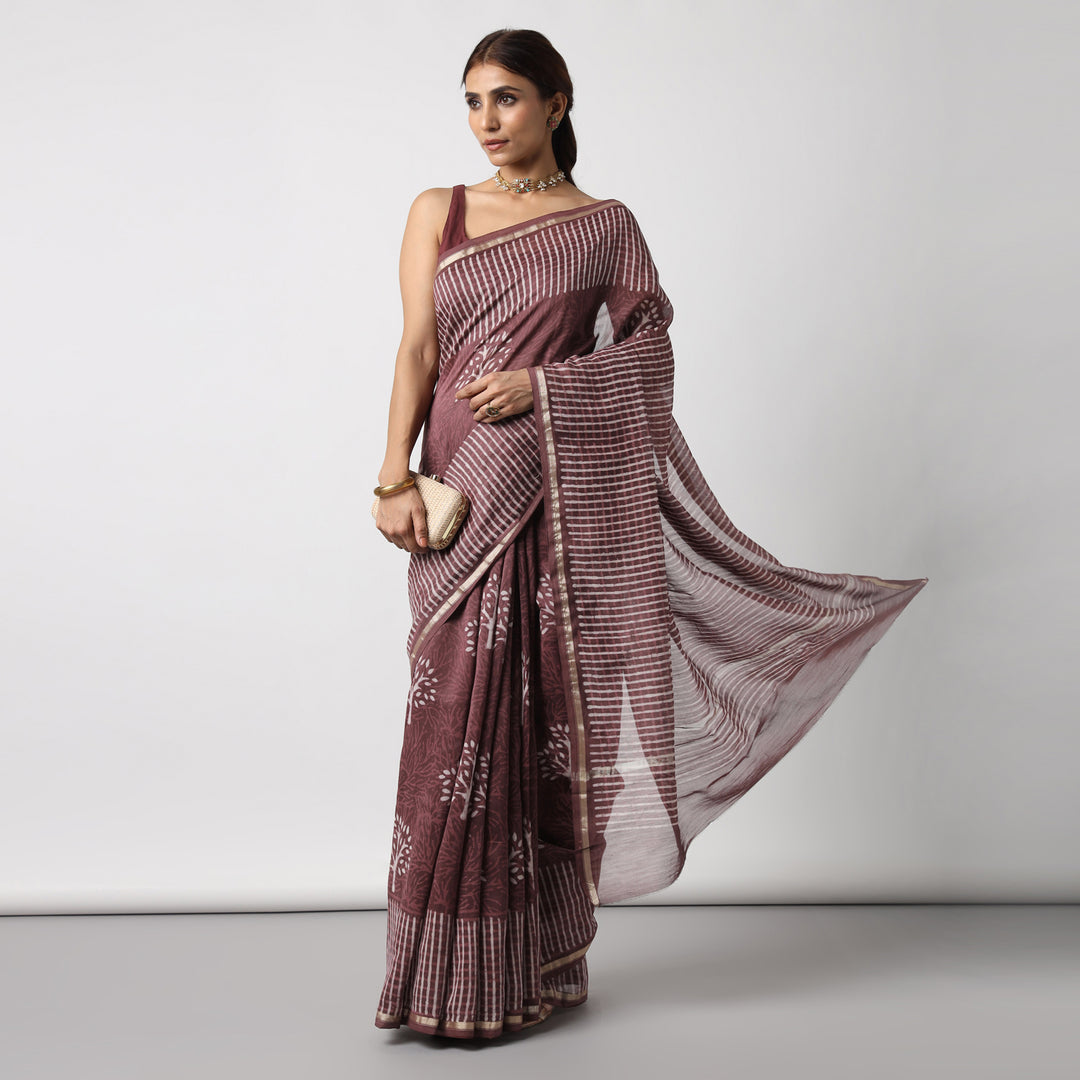 Revathy - Rose Taupe Hand Block Print Chanderi Silk Saree