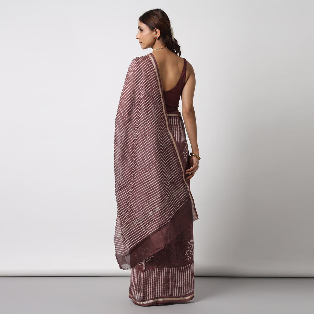 Revathy - Rose Taupe Hand Block Print Chanderi Silk Saree