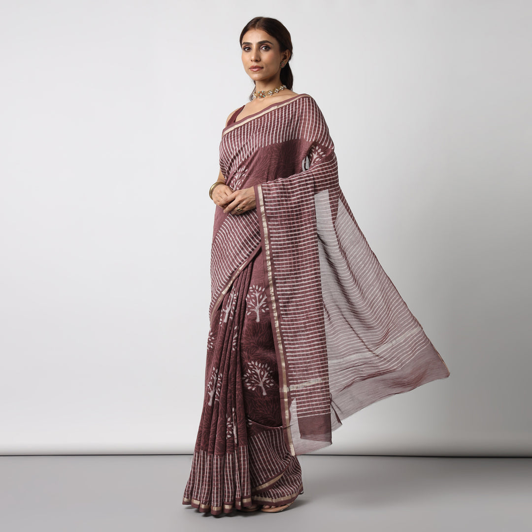 Revathy - Rose Taupe Hand Block Print Chanderi Silk Saree