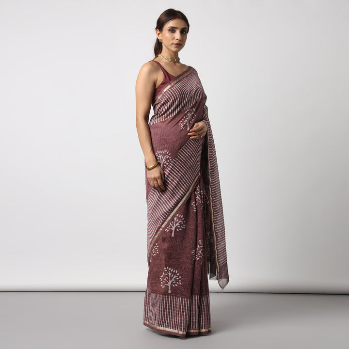 Revathy - Rose Taupe Hand Block Print Chanderi Silk Saree