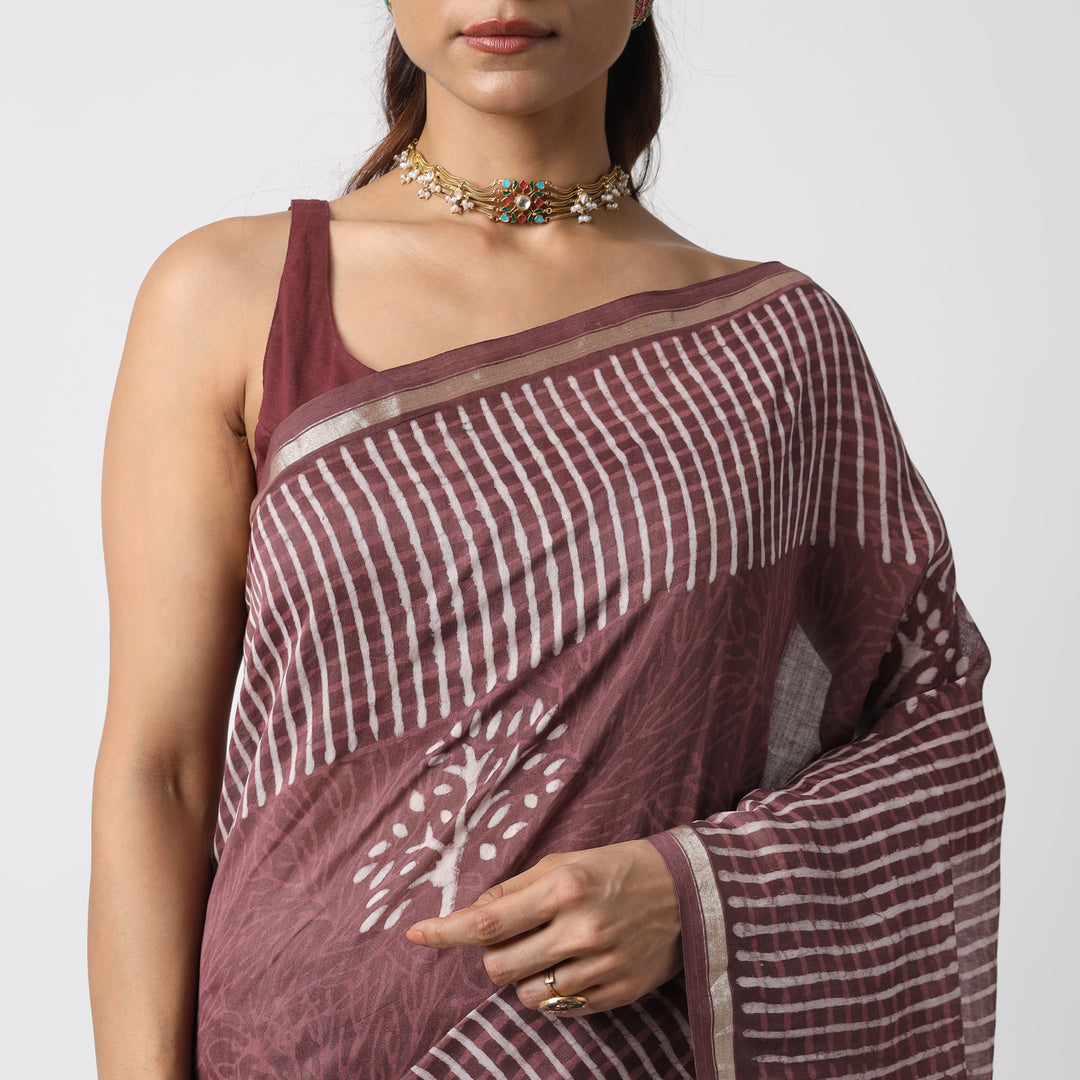 Revathy - Rose Taupe Hand Block Print Chanderi Silk Saree