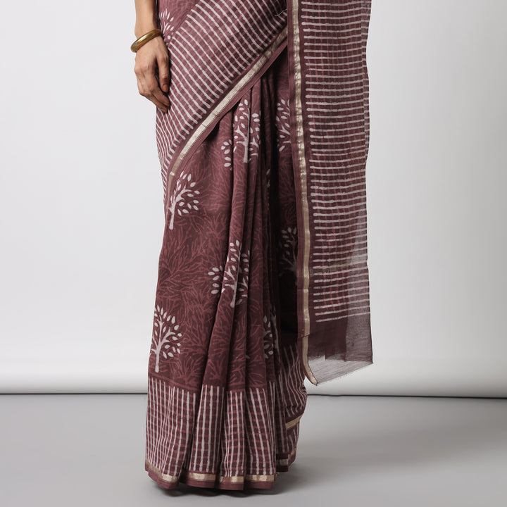 Revathy - Rose Taupe Hand Block Print Chanderi Silk Saree