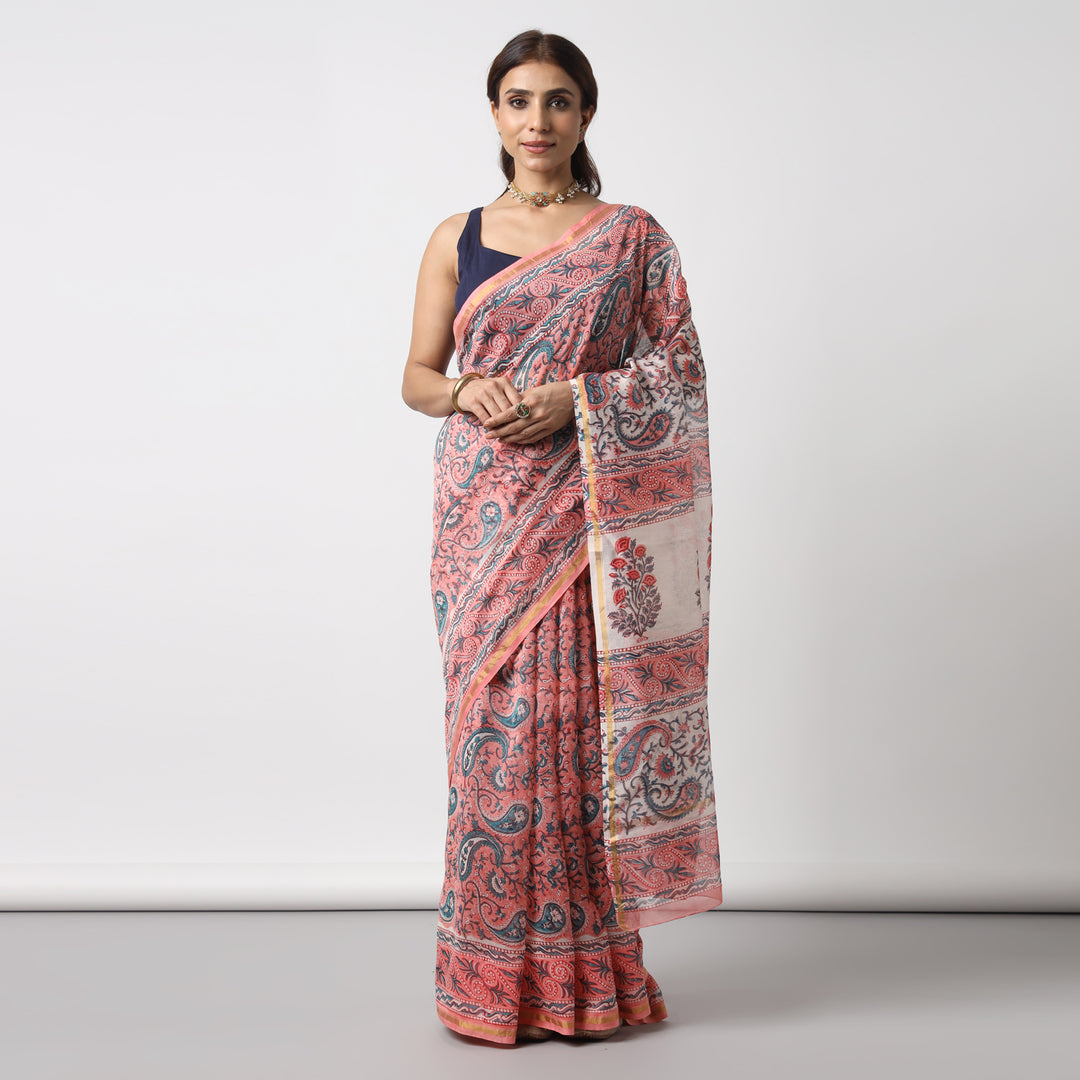 Fields of Joy - Hand Block Print Chanderi Silk Saree