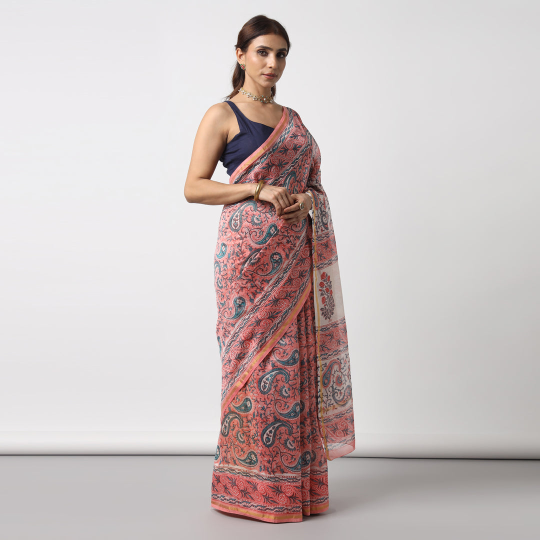 Fields of Joy - Hand Block Print Chanderi Silk Saree