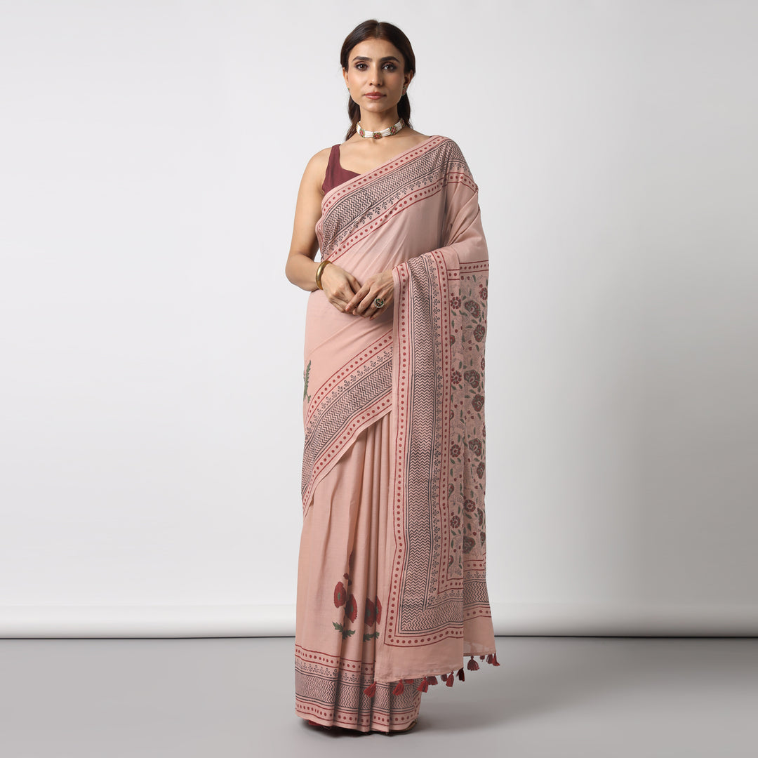 Old Rose - Hand Block Printed Mulmul Cotton Bagru Saree