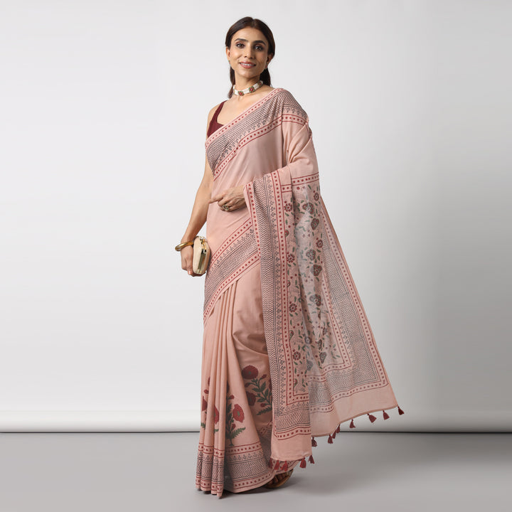 Old Rose - Hand Block Printed Mulmul Cotton Bagru Saree