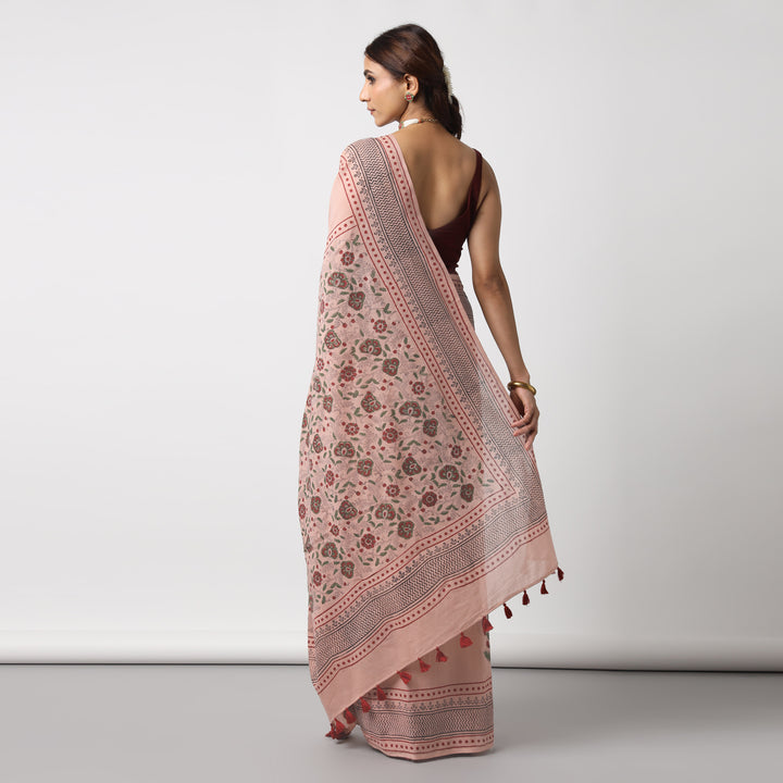 Old Rose - Hand Block Printed Mulmul Cotton Bagru Saree