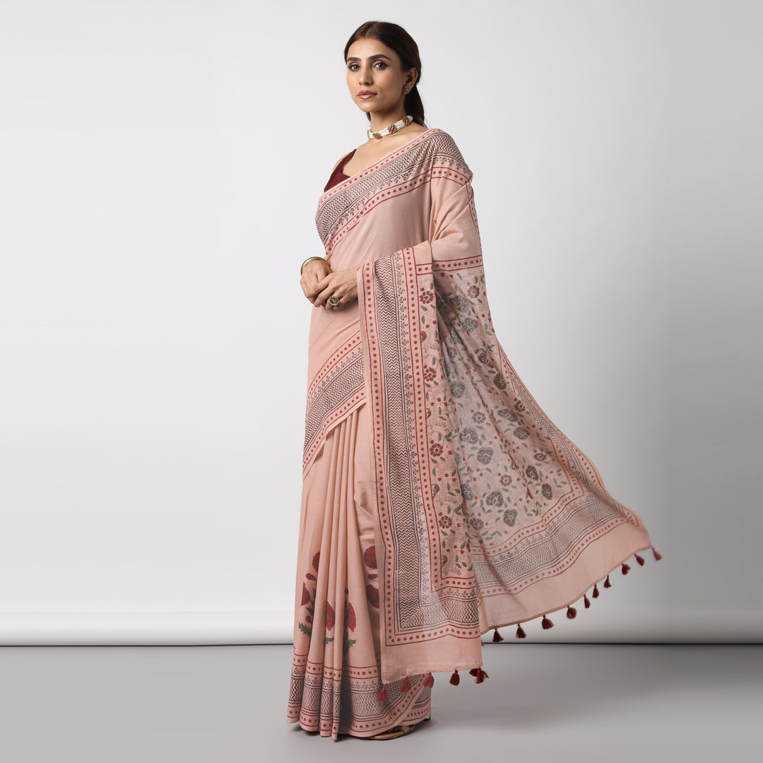 Old Rose - Hand Block Printed Mulmul Cotton Bagru Saree