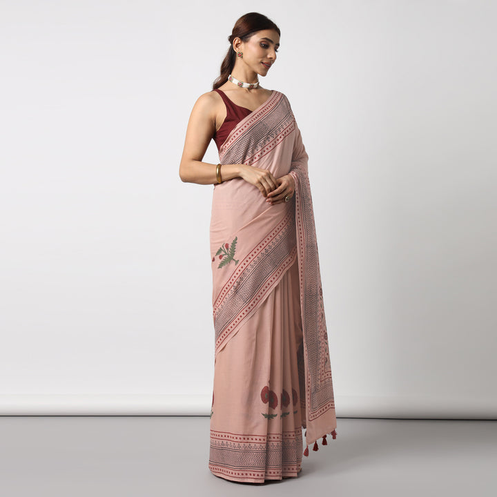 Old Rose - Hand Block Printed Mulmul Cotton Bagru Saree