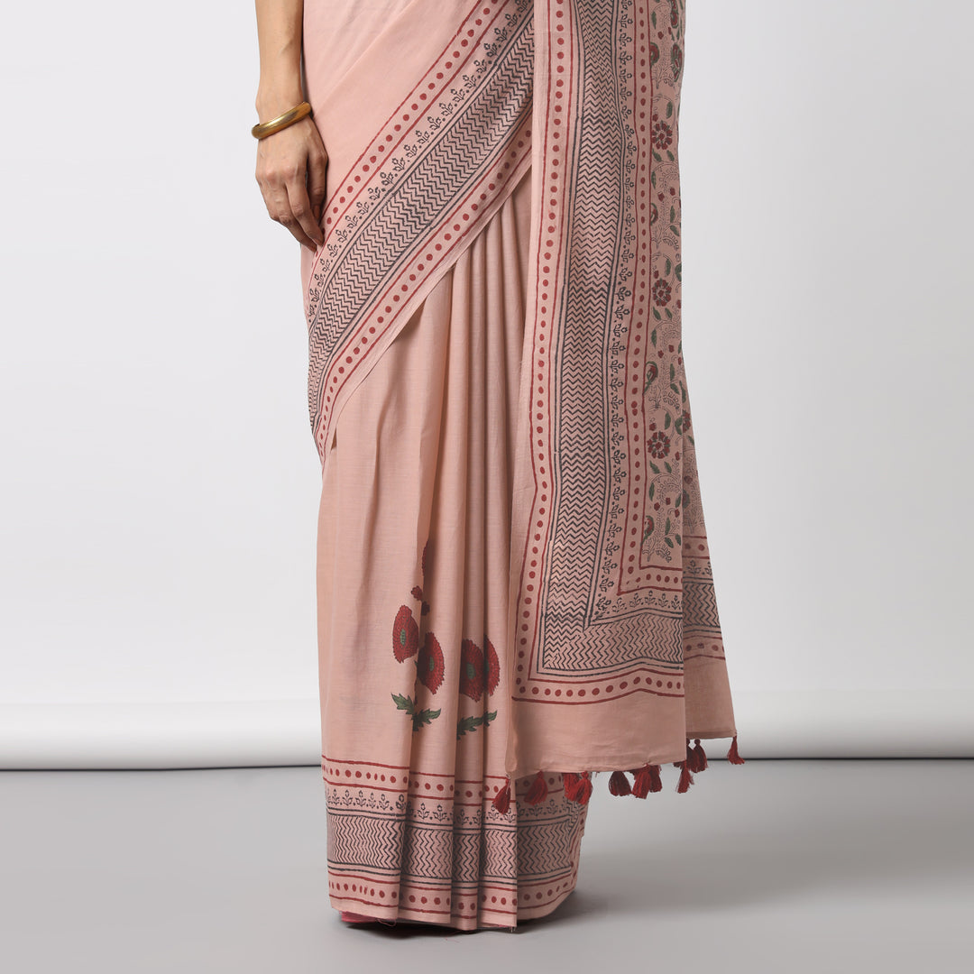 Old Rose - Hand Block Printed Mulmul Cotton Bagru Saree