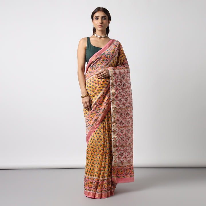 Poppy Garden - Hand Block Print Maheshwari Silk Saree