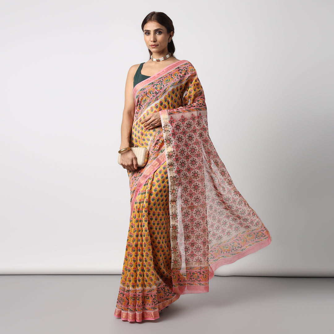 Poppy Garden - Hand Block Print Maheshwari Silk Saree