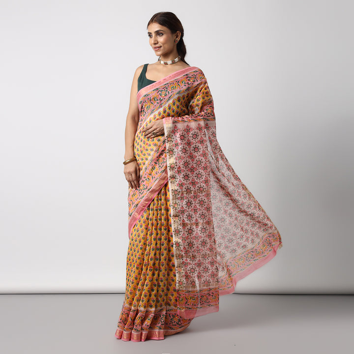 Poppy Garden - Hand Block Print Maheshwari Silk Saree