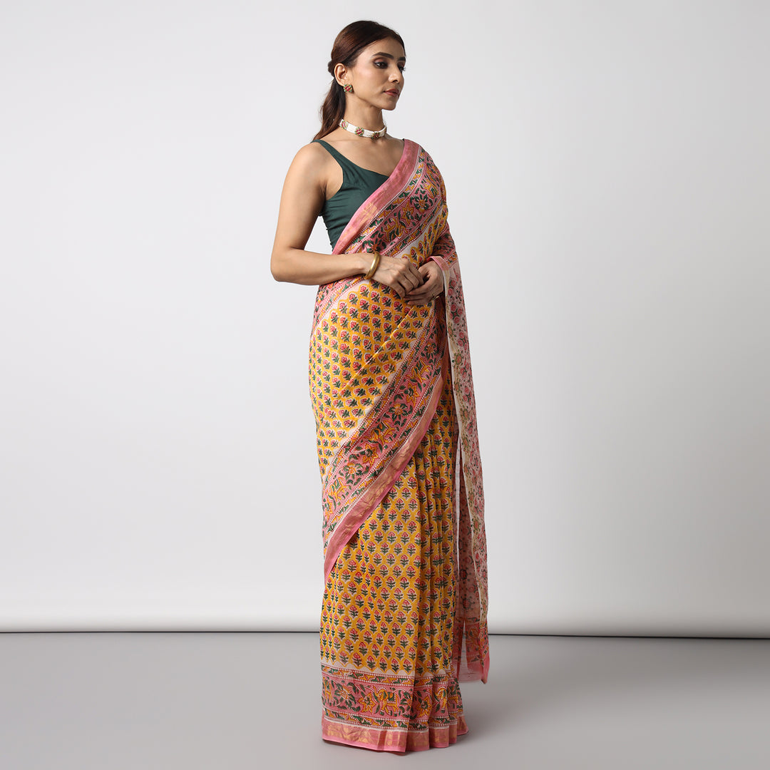 Poppy Garden - Hand Block Print Maheshwari Silk Saree