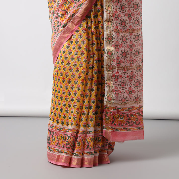 Poppy Garden - Hand Block Print Maheshwari Silk Saree