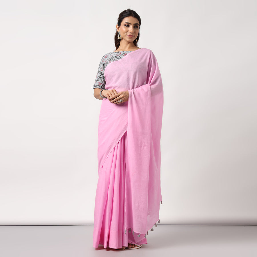 Candyfloss Pink - Mulmul Cotton Saree with Tassels