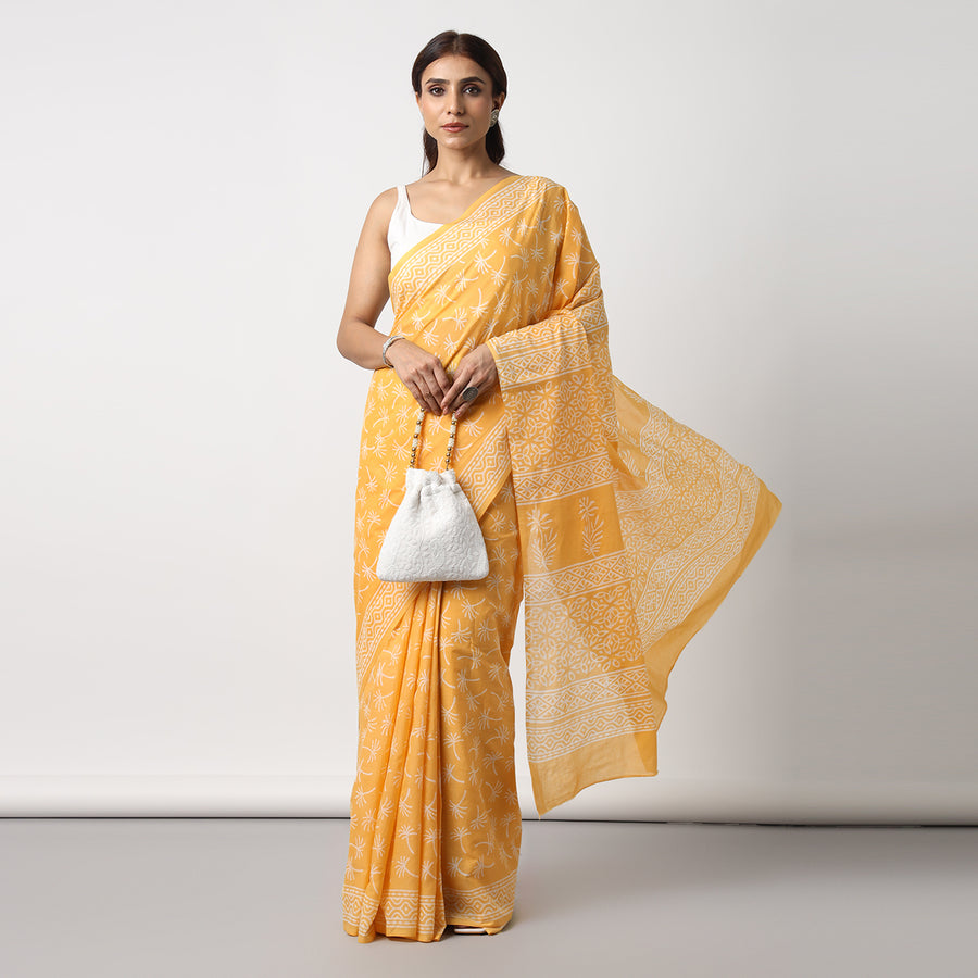 Dandelions in the Sky - Yellow Hand Block Print Mulmul Cotton Bagru Saree