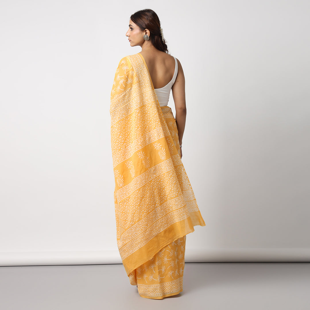 Dandelions in the Sky - Yellow Hand Block Print Mulmul Cotton Bagru Saree