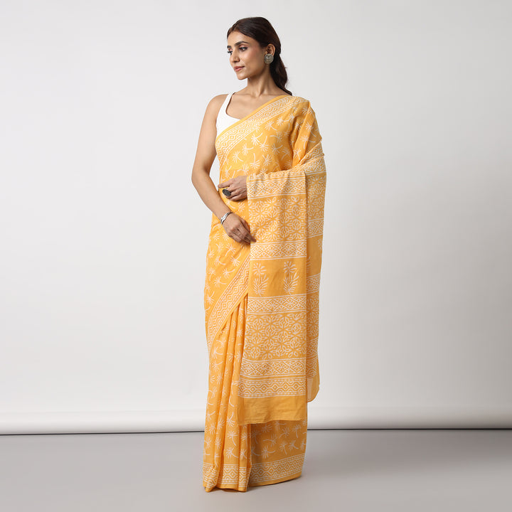 Dandelions in the Sky - Yellow Hand Block Print Mulmul Cotton Bagru Saree