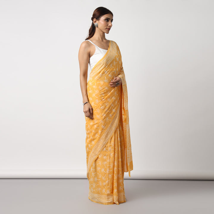 Dandelions in the Sky - Yellow Hand Block Print Mulmul Cotton Bagru Saree