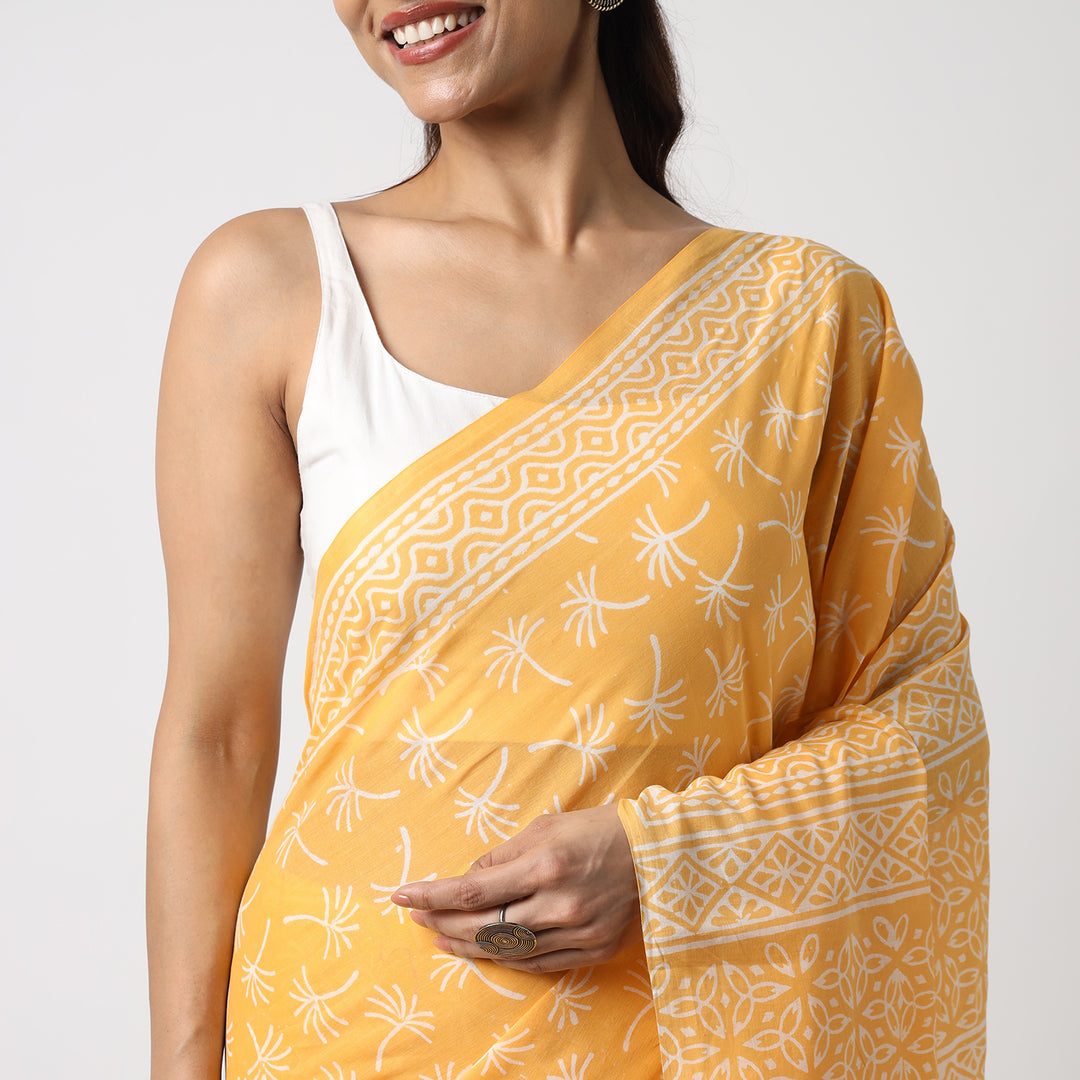 Dandelions in the Sky - Yellow Hand Block Print Mulmul Cotton Bagru Saree