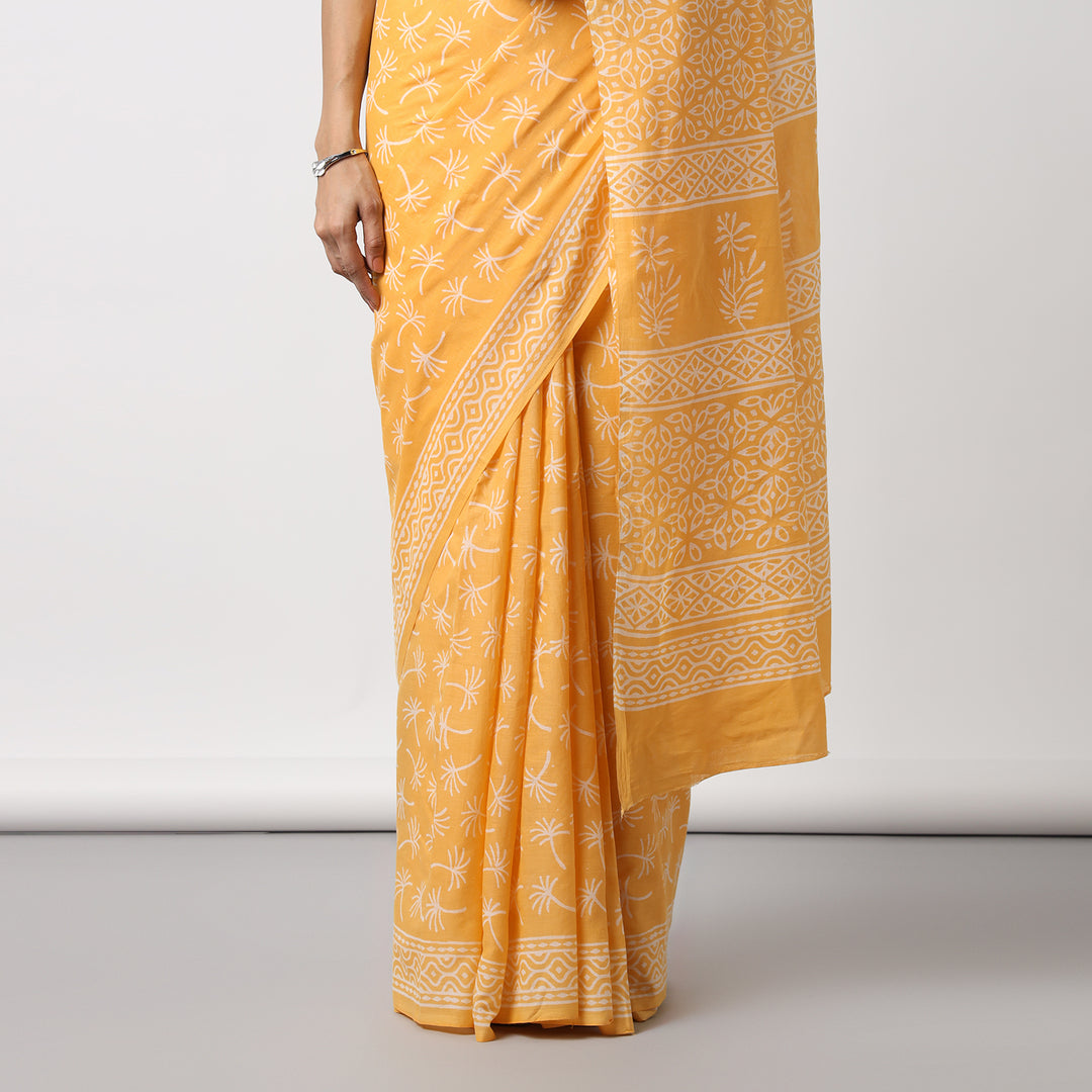 Dandelions in the Sky - Yellow Hand Block Print Mulmul Cotton Bagru Saree