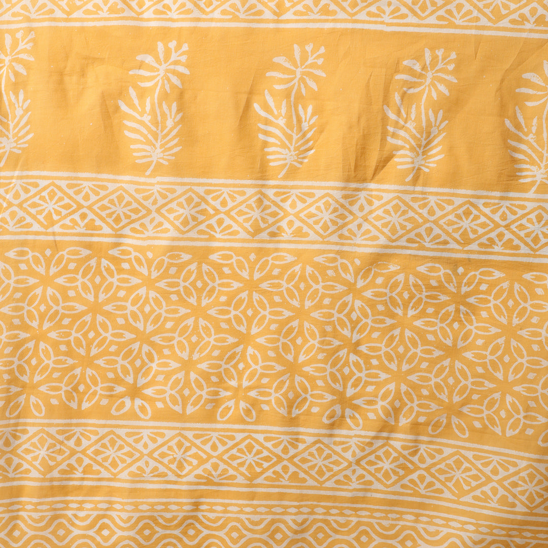 Dandelions in the Sky - Yellow Hand Block Print Mulmul Cotton Bagru Saree