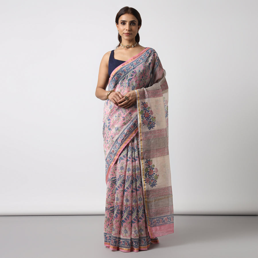 Bluebells - Pink Hand Block Print Chanderi Silk Saree