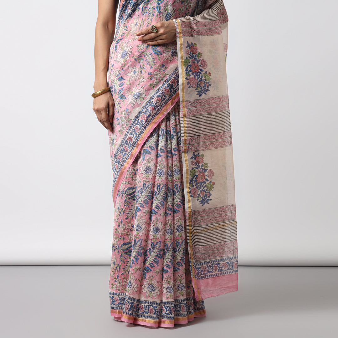 Bluebells - Pink Hand Block Print Chanderi Silk Saree