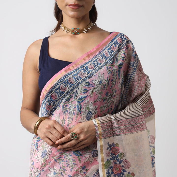 Bluebells - Pink Hand Block Print Chanderi Silk Saree