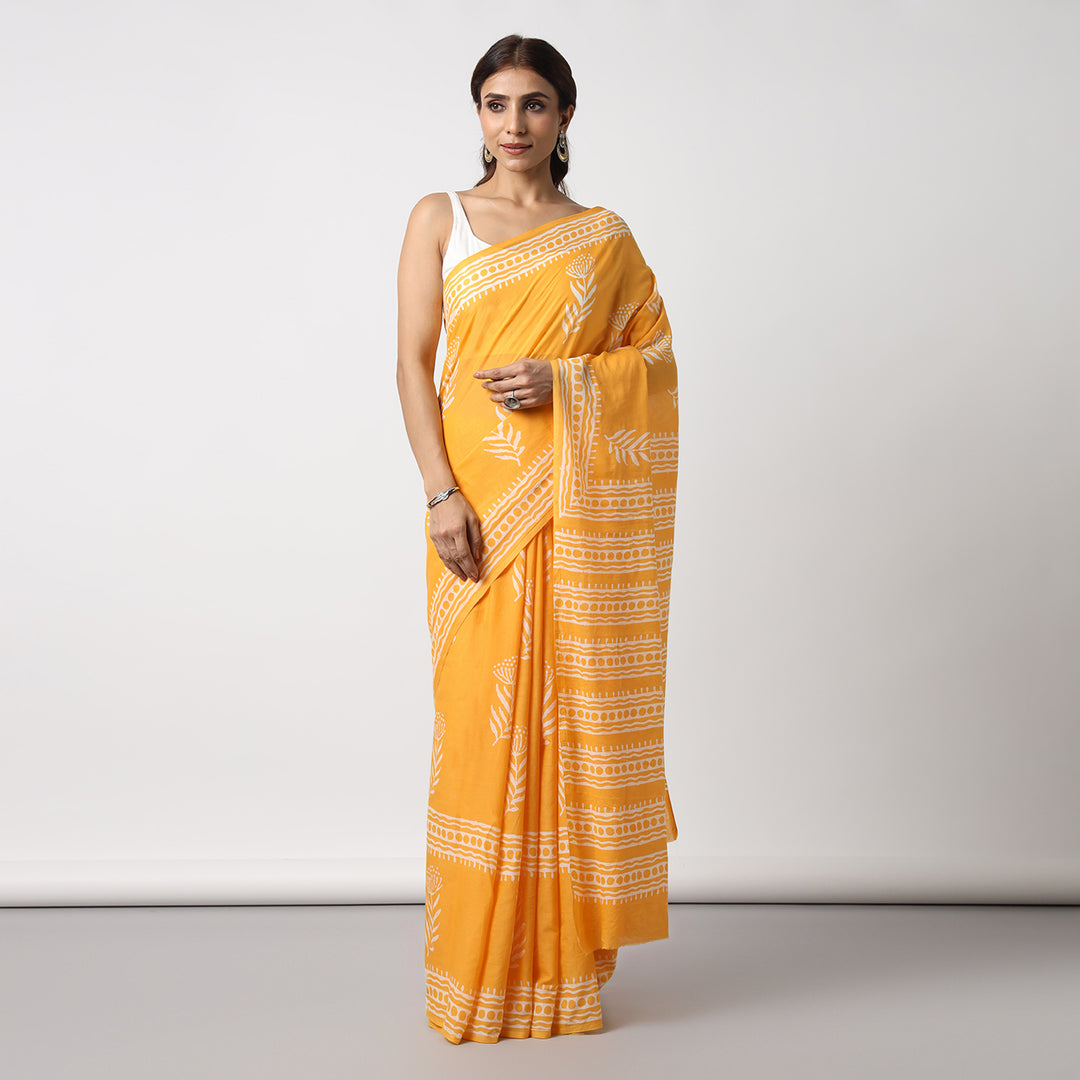 Sunshine Swirl - Yellow Haldi Hand Block Print Mulmul Cotton Bagru Saree