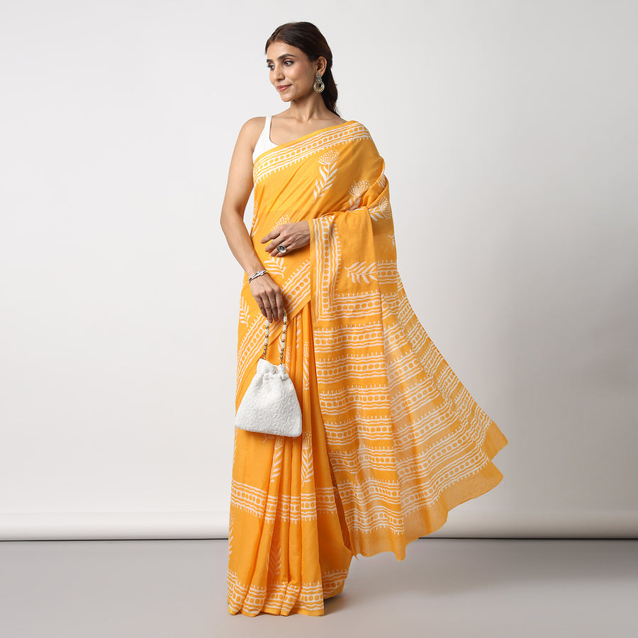 Sunshine Swirl - Yellow Haldi Hand Block Print Mulmul Cotton Bagru Saree