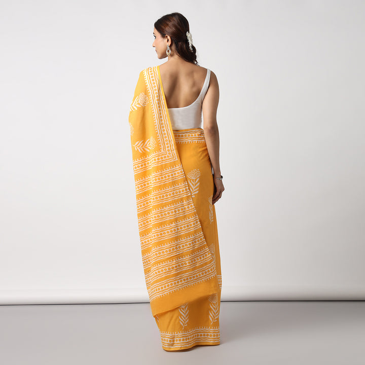 Sunshine Swirl - Yellow Haldi Hand Block Print Mulmul Cotton Bagru Saree