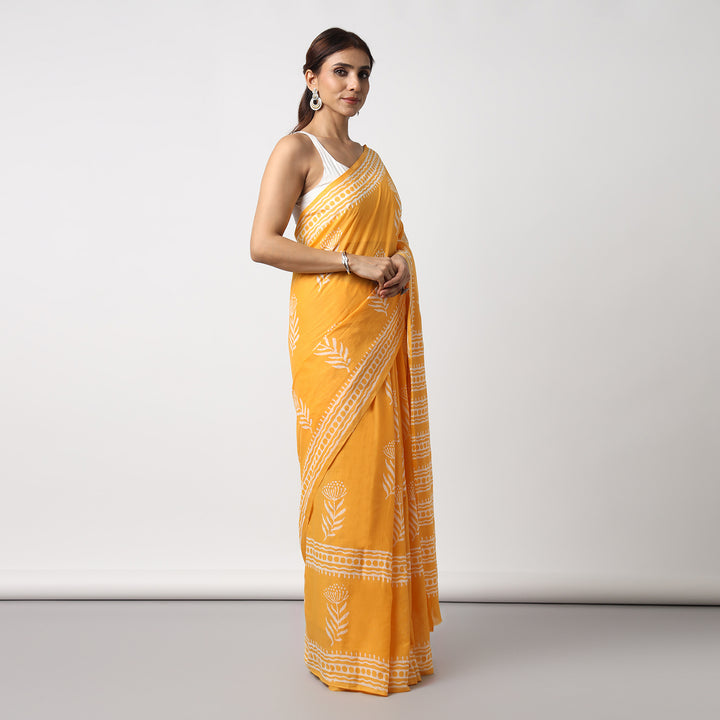 Sunshine Swirl - Yellow Haldi Hand Block Print Mulmul Cotton Bagru Saree