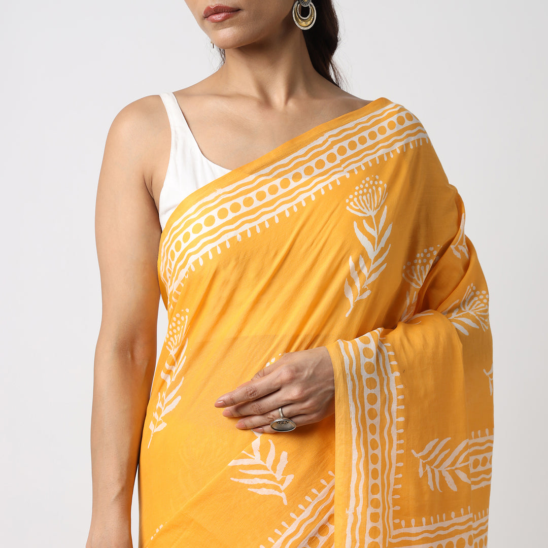 Sunshine Swirl - Yellow Haldi Hand Block Print Mulmul Cotton Bagru Saree