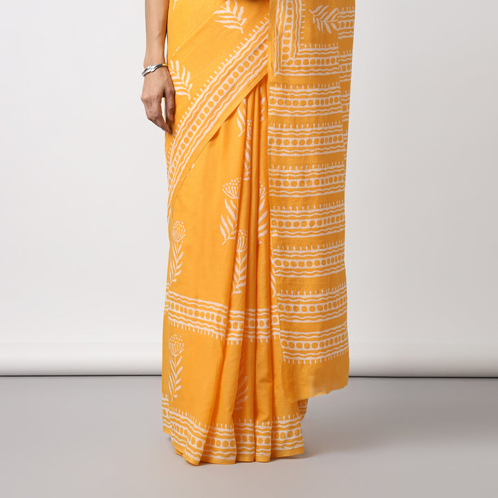 Sunshine Swirl - Yellow Haldi Hand Block Print Mulmul Cotton Bagru Saree